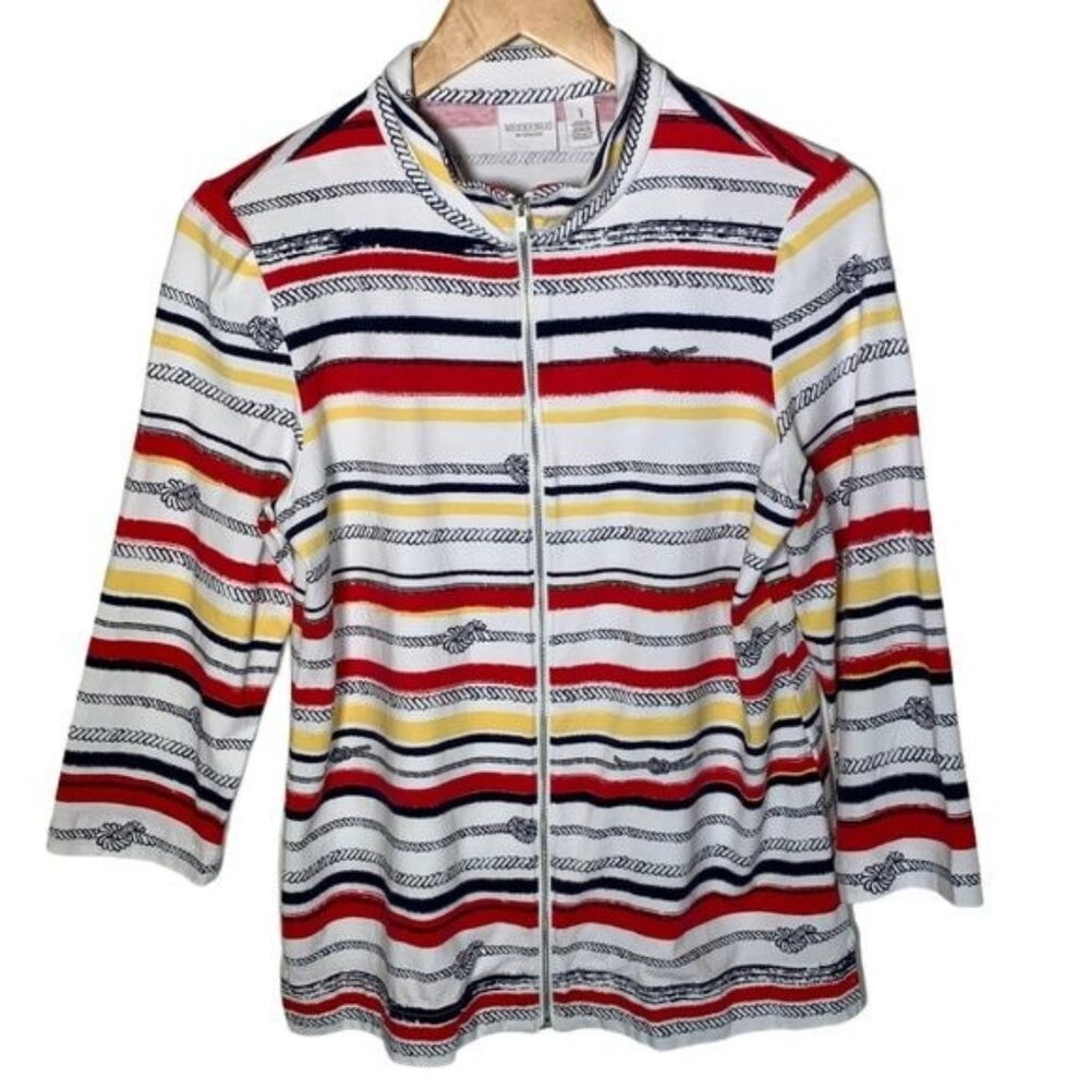Chicos Weekends Zip Jacket Medium Red Yellow Stri… - image 1